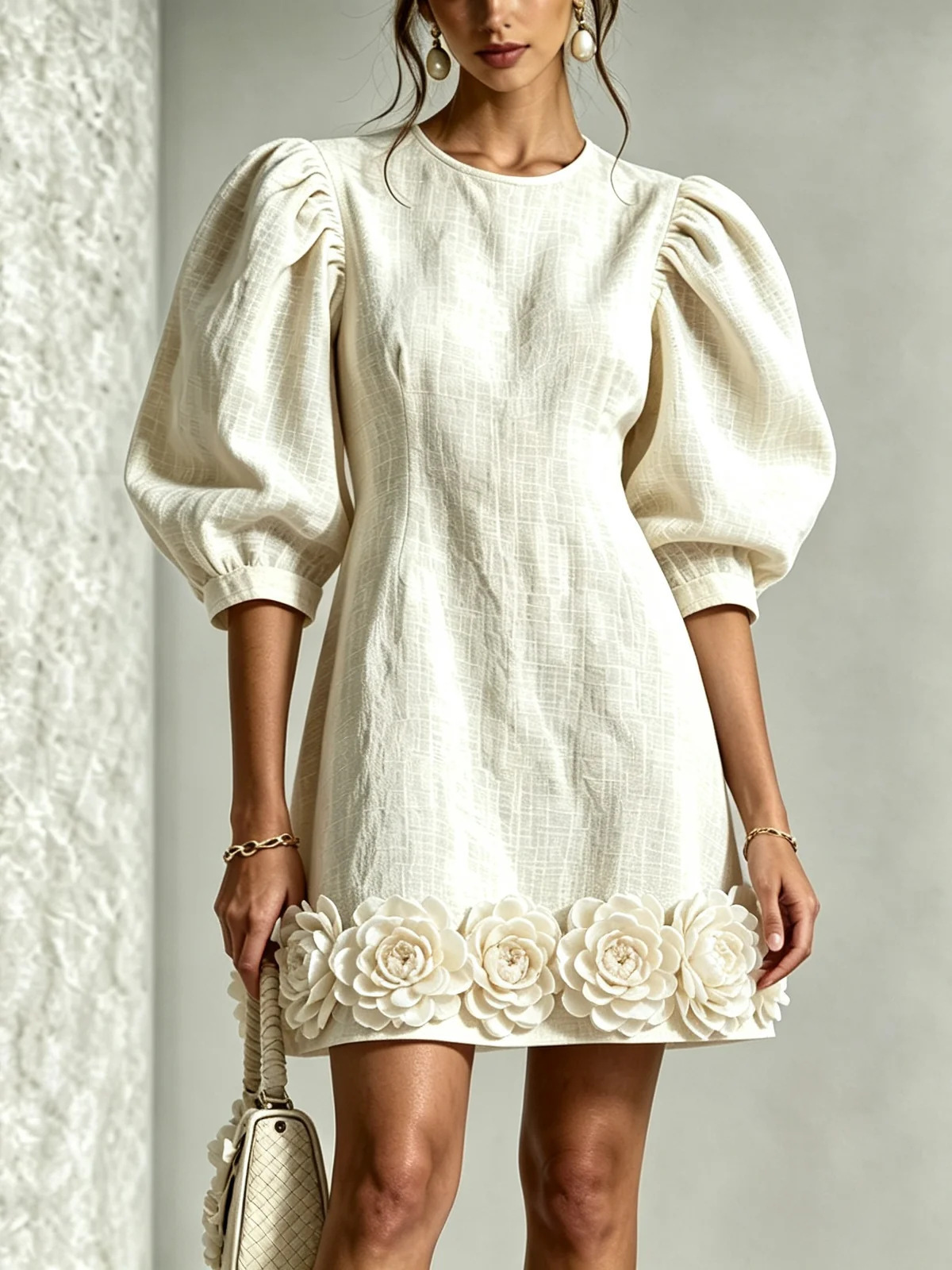 3D Floral French Puff Sleeve Midi Dress