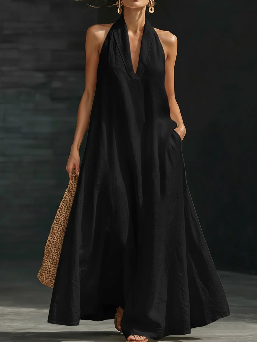 Women's Casual Solid V-Neck Long Dress