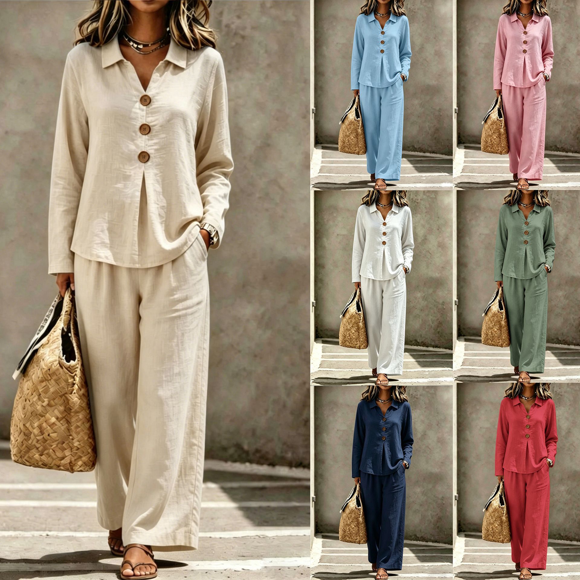 Women's Casual Button Polo Neck Long Sleeve Two-Piece Pants Set