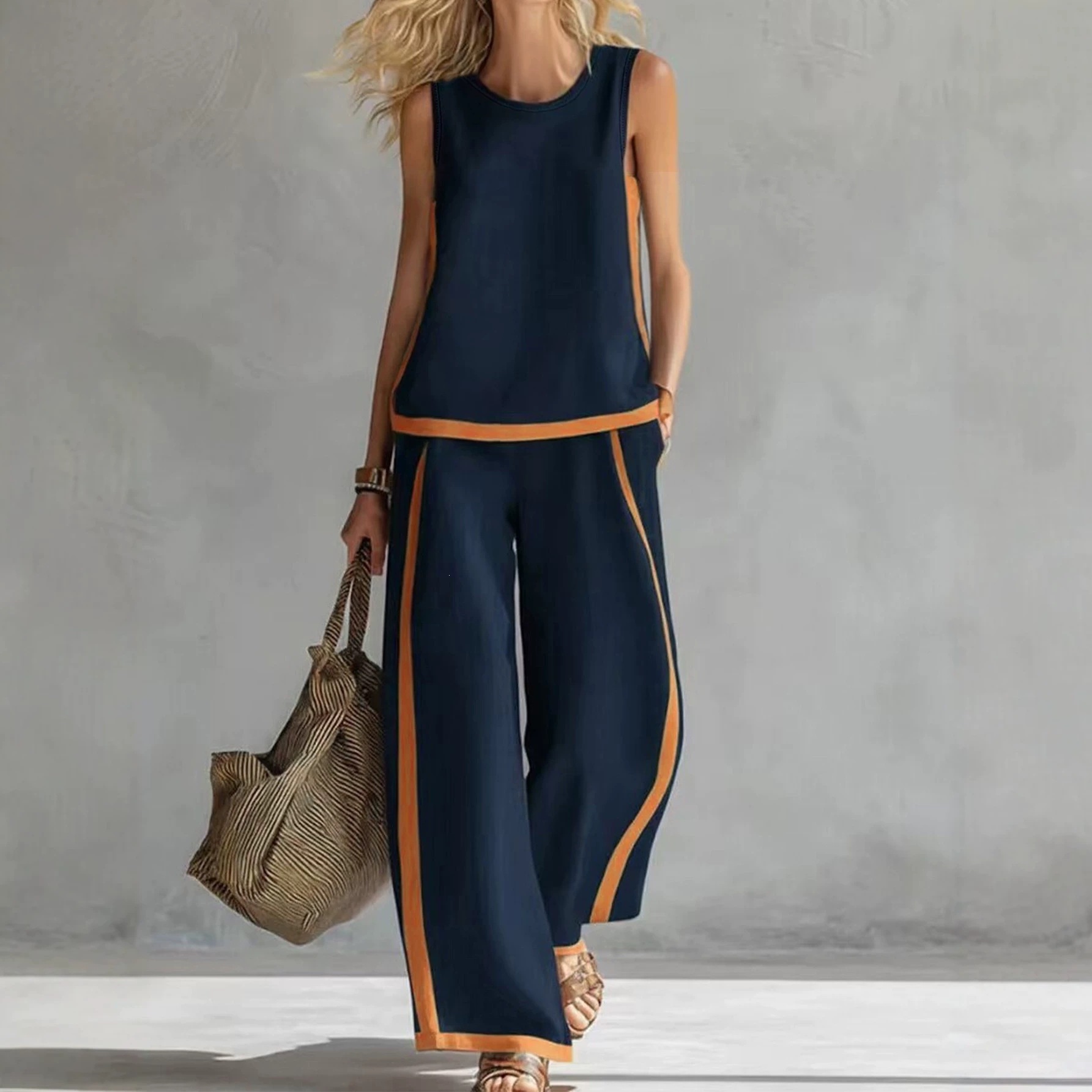 Sleeveless Colorblock Wide-Leg Pants Set Women's Summer Casual Two-Piece