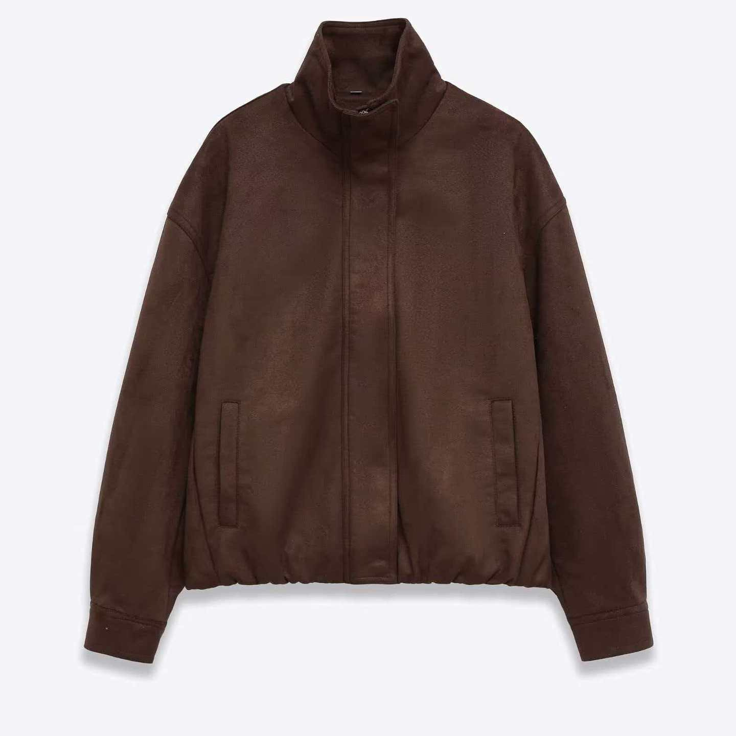 Women's Vintage Faux Suede Stand Collar Jacket Dark Brown