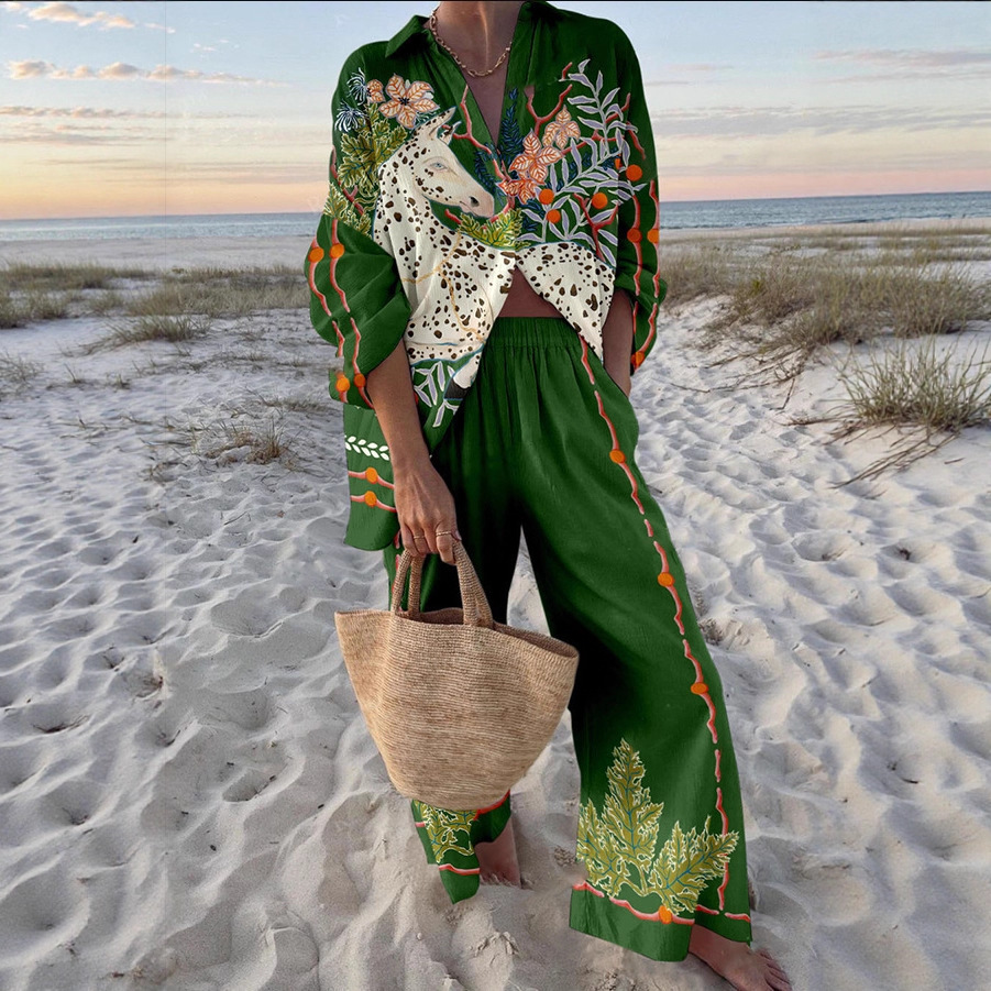 Women's Long Sleeve Collared Printed Shirt Set Casual Vacation Loungewear
