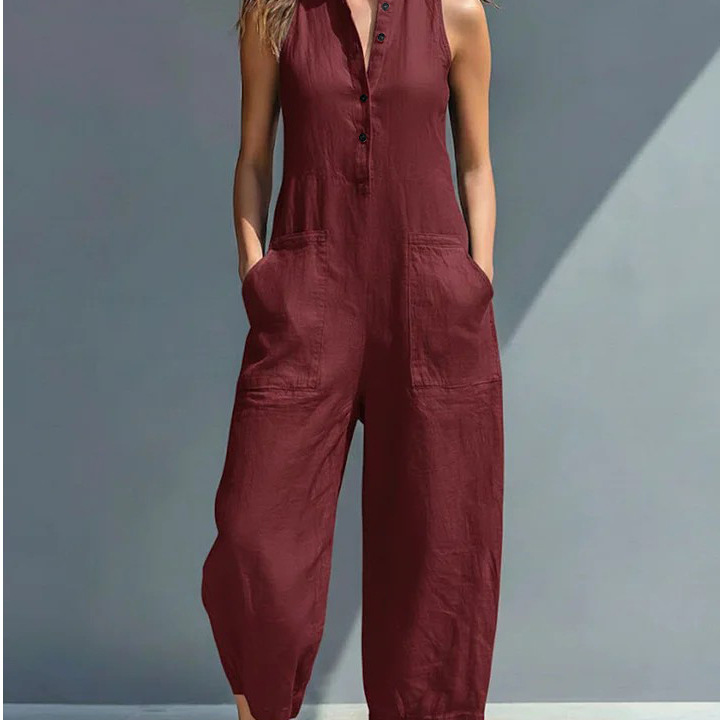 Women's Sleeveless Button-Front Wide-Leg Jumpsuit