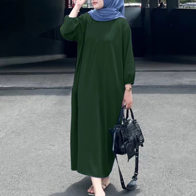 Women's Puff Sleeve Solid Color Long Dress with Tie Belt