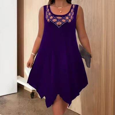 Women's Solid Color Hand-Sequin Cutout Sleeveless A-Line Midi Dress