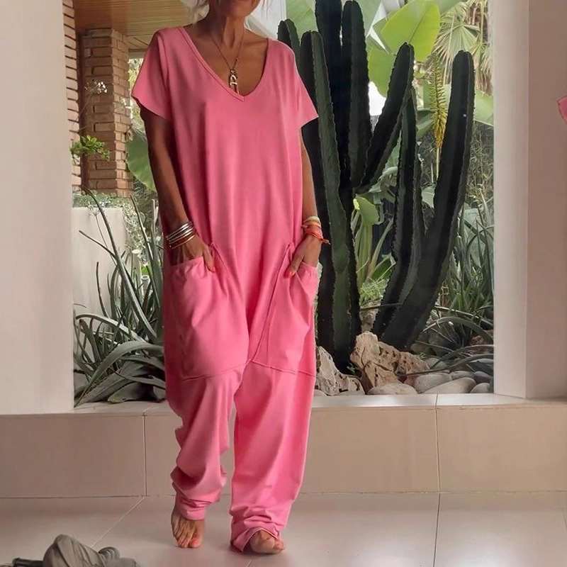Women's Solid Color V-Neck Short Sleeve Jumpsuit with Pockets