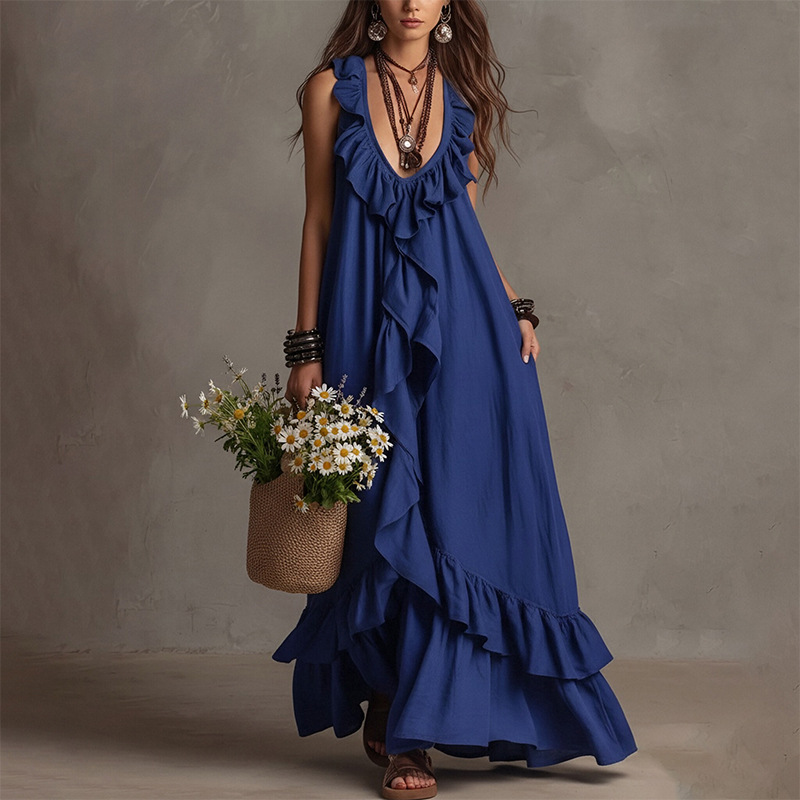 French Vintage Sleeveless Ruffle V-Neck Dress