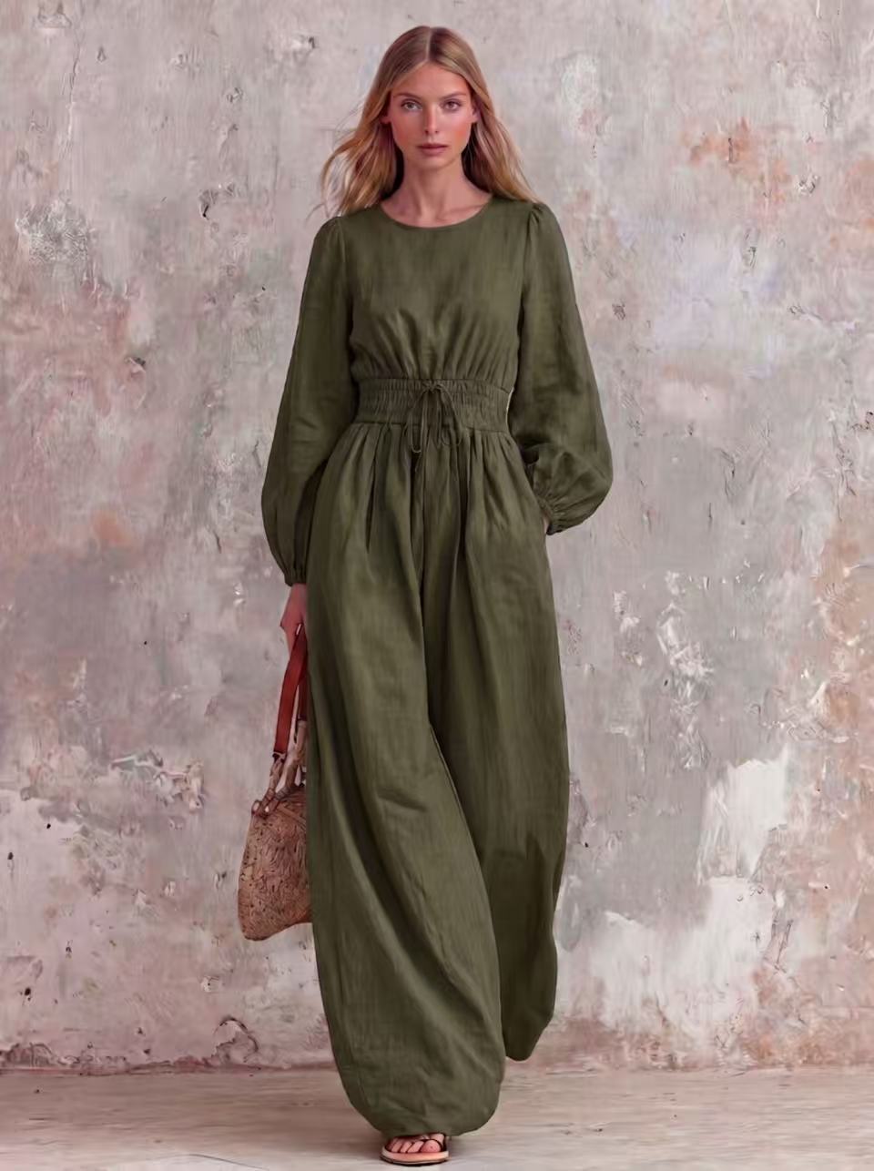 Women's Casual Vintage Solid Color Waist-Defining Smocked Jumpsuit
