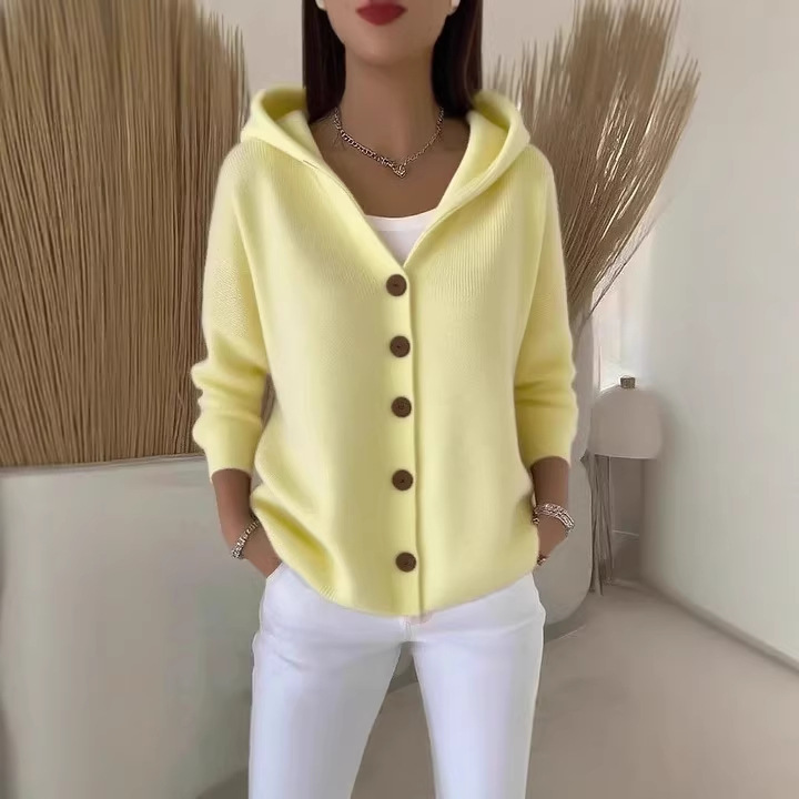 Hooded Knit Cardigan Women Solid Color Casual Sweater Coat