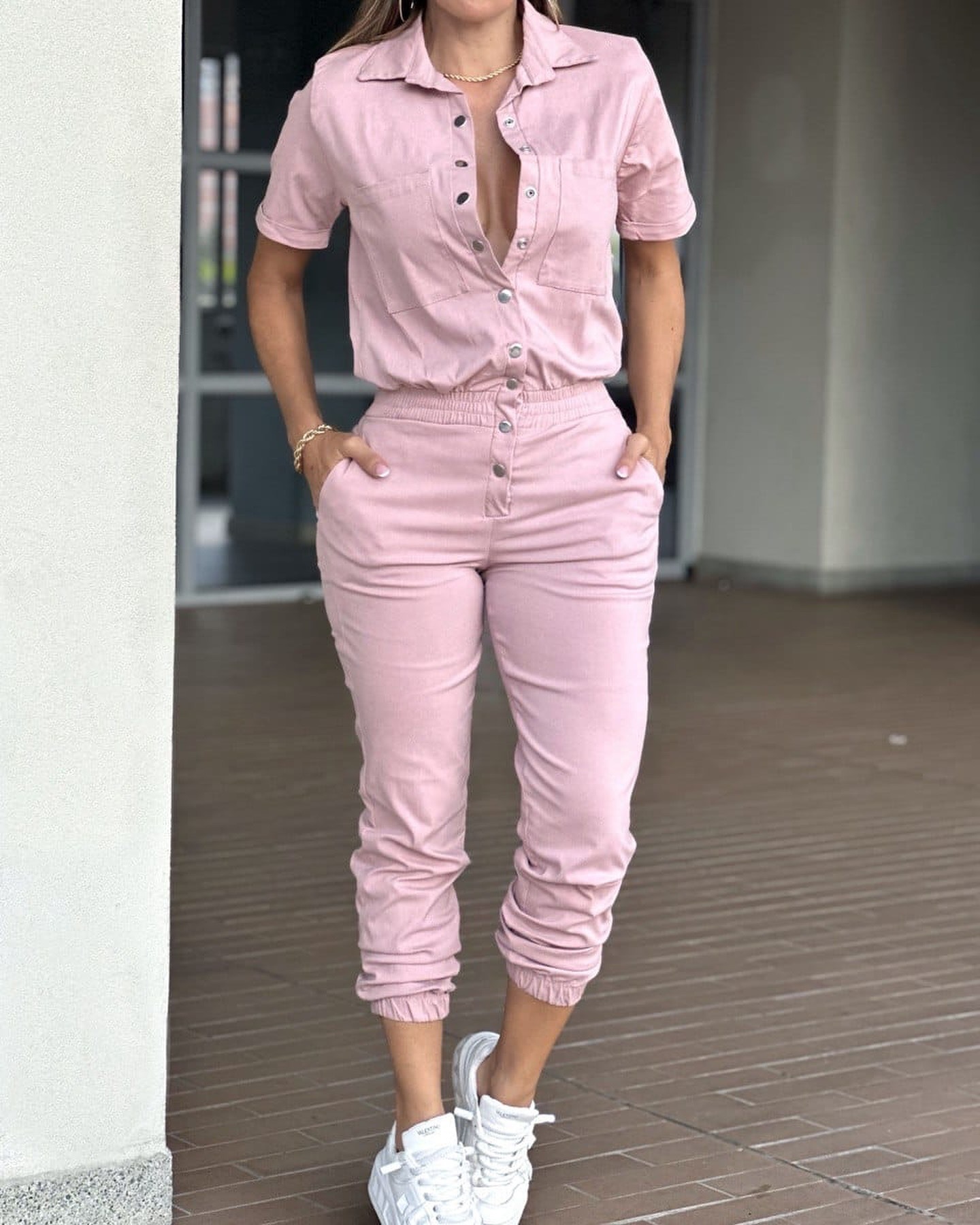 Women's Casual Jumpsuit with Collar, Pockets, Elastic Waist and Button Detail