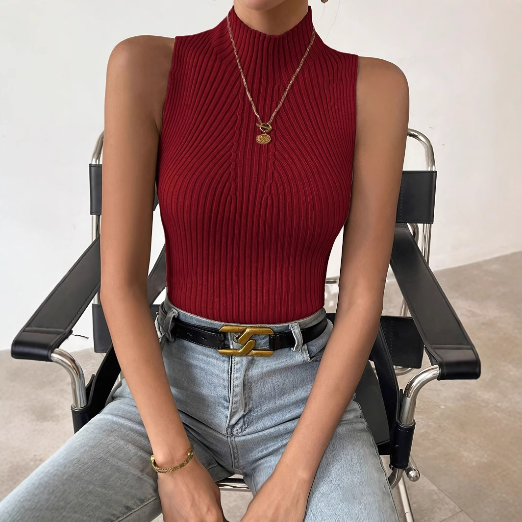Sleeveless Mock Neck Ribbed Knit Top Slim Fit
