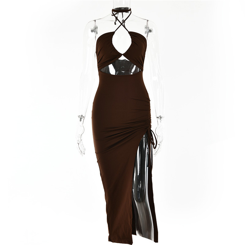 Women's High Slit Ruched Halter Neck Long Dress