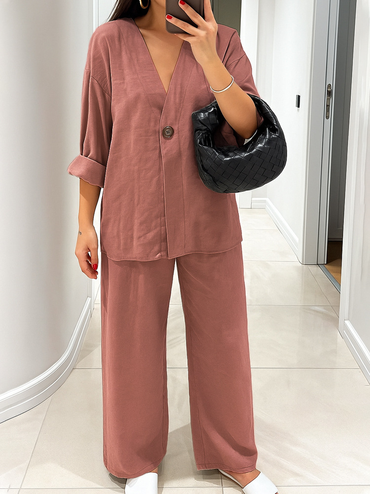 Women's Casual V-Neck One-Button Cardigan and Pants Set
