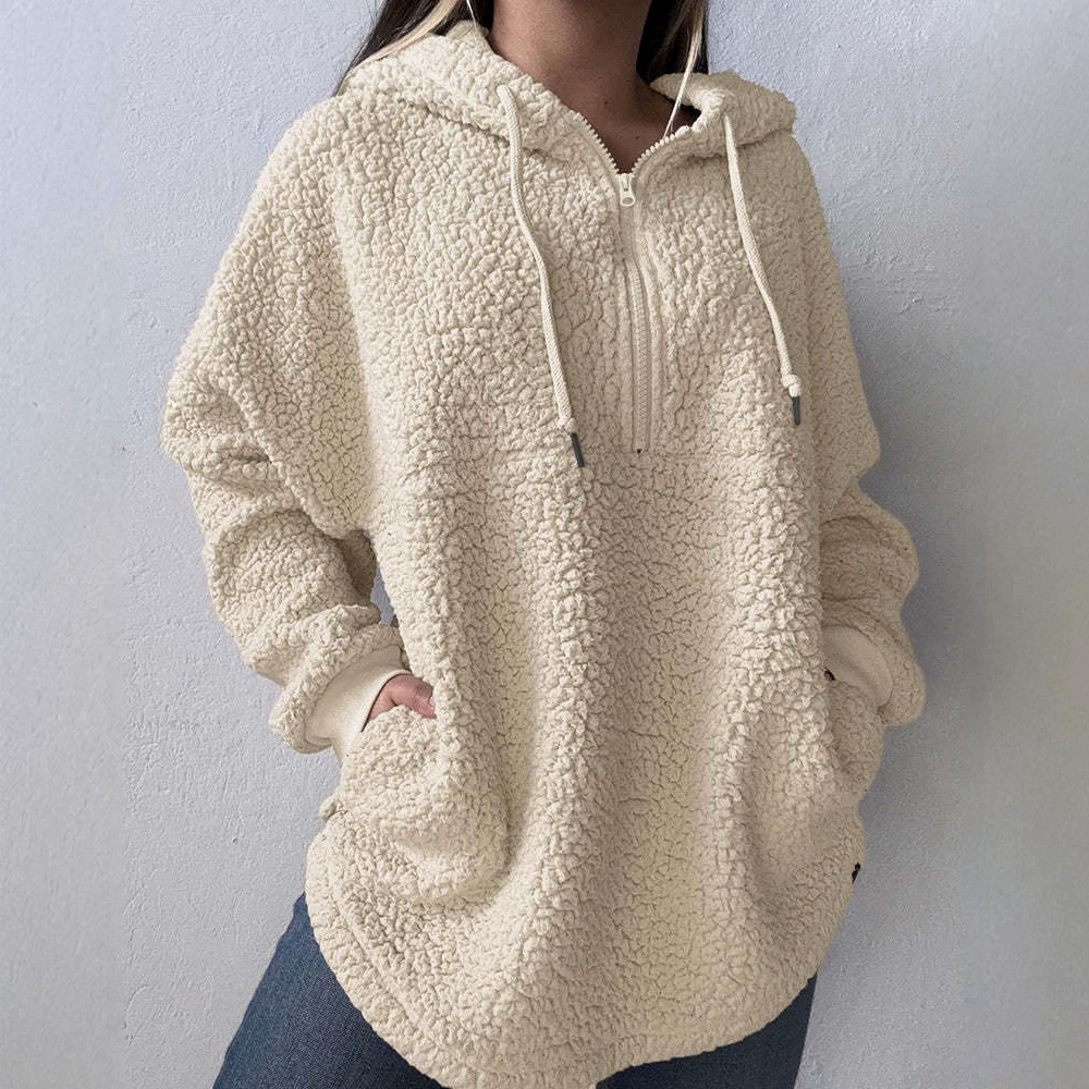 Women's Half-Zip Fleece Hoodie Loose Fit Drawstring Split Hem Pullover