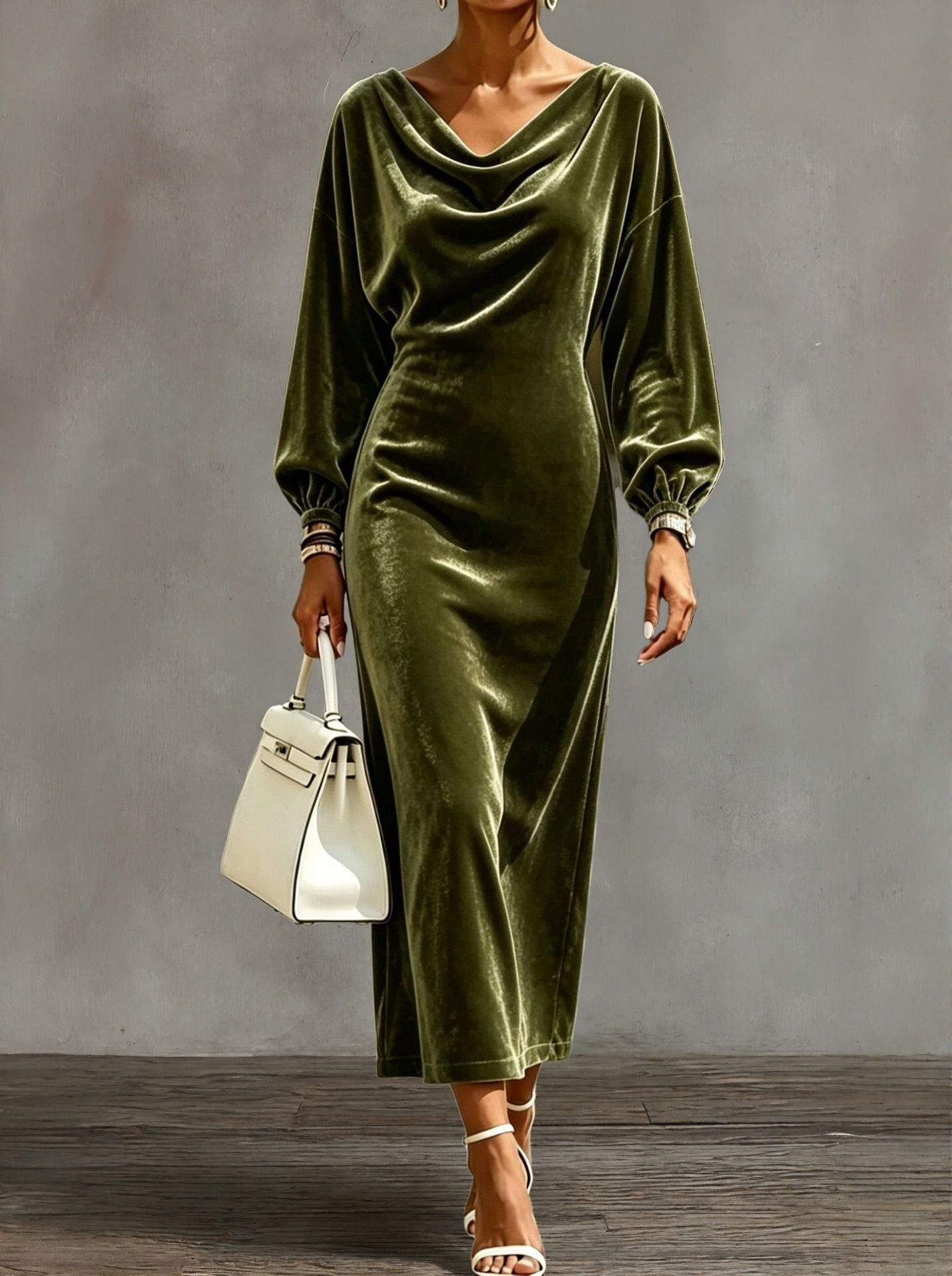 Solid Velvet Cowl Neck Slim Fit Long Sleeve Dress