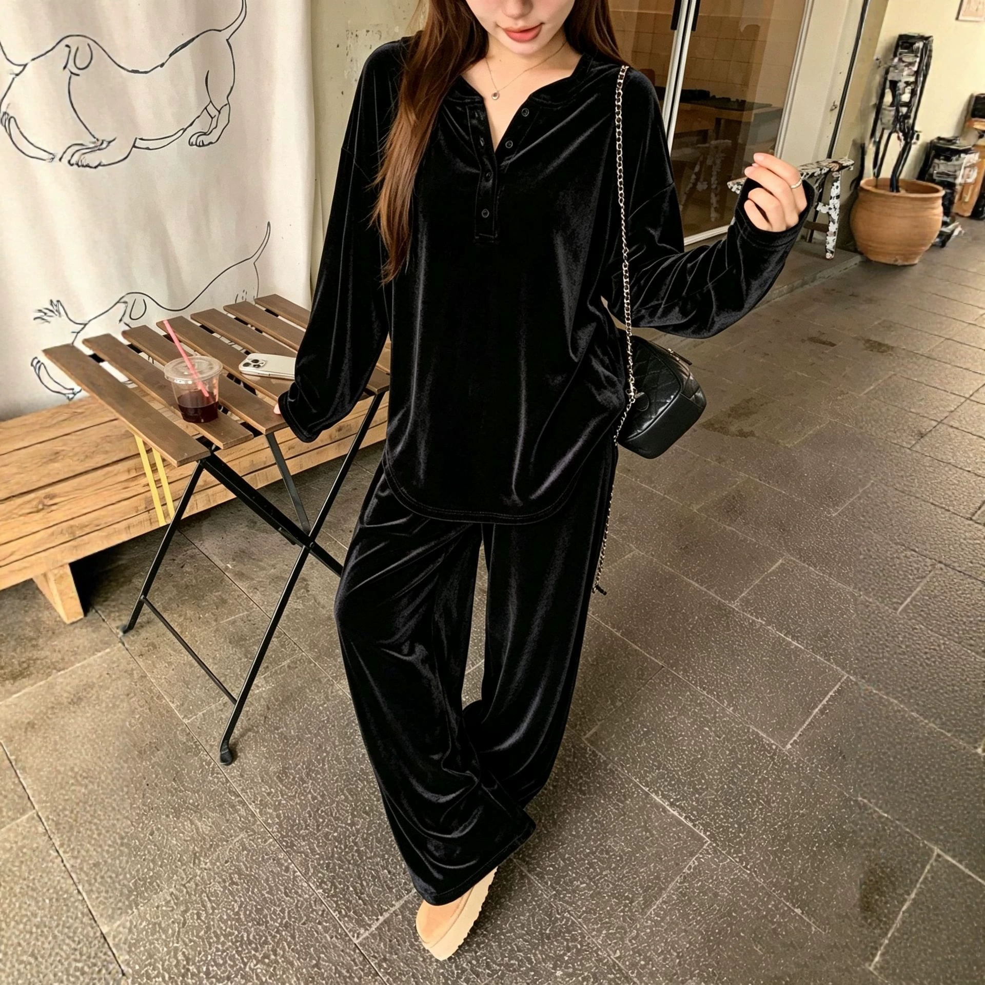 Solid Button Drawstring Loose Long-Sleeve Women's Pants Set