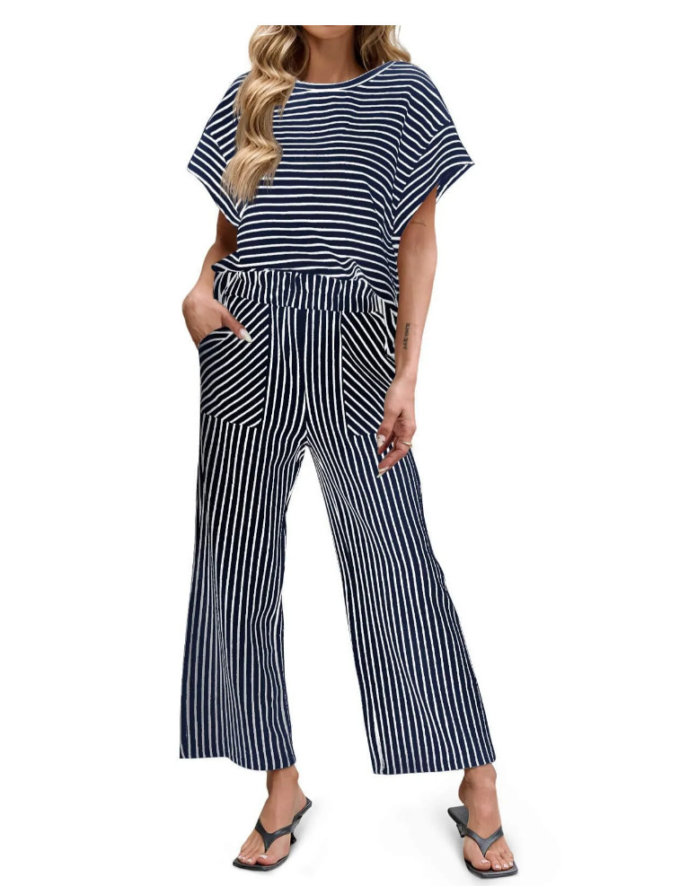 Women's Striped Two-Piece Set Short-Sleeve T-Shirt & Wide-Leg Pants with Pockets