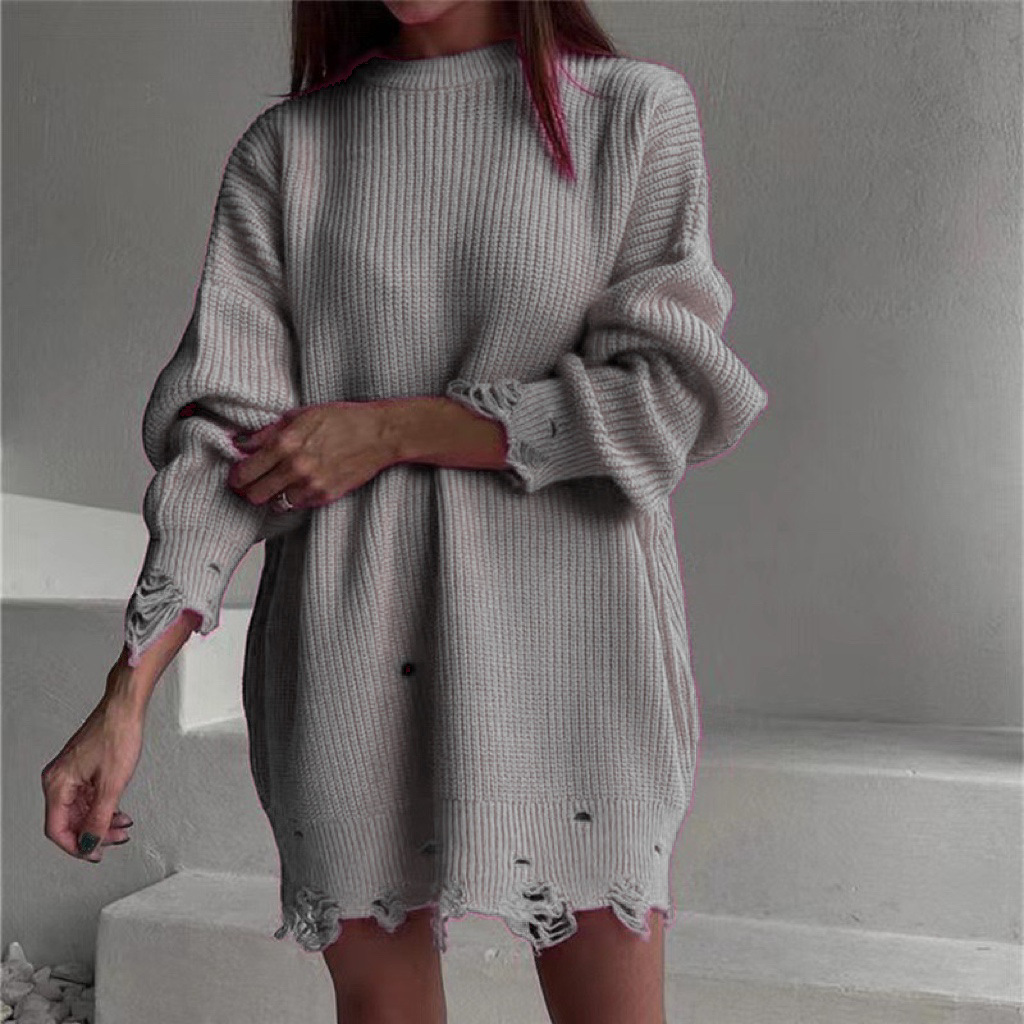Loose Solid Color Distressed Crewneck Pullover Sweater Long Sleeve Mid-Length