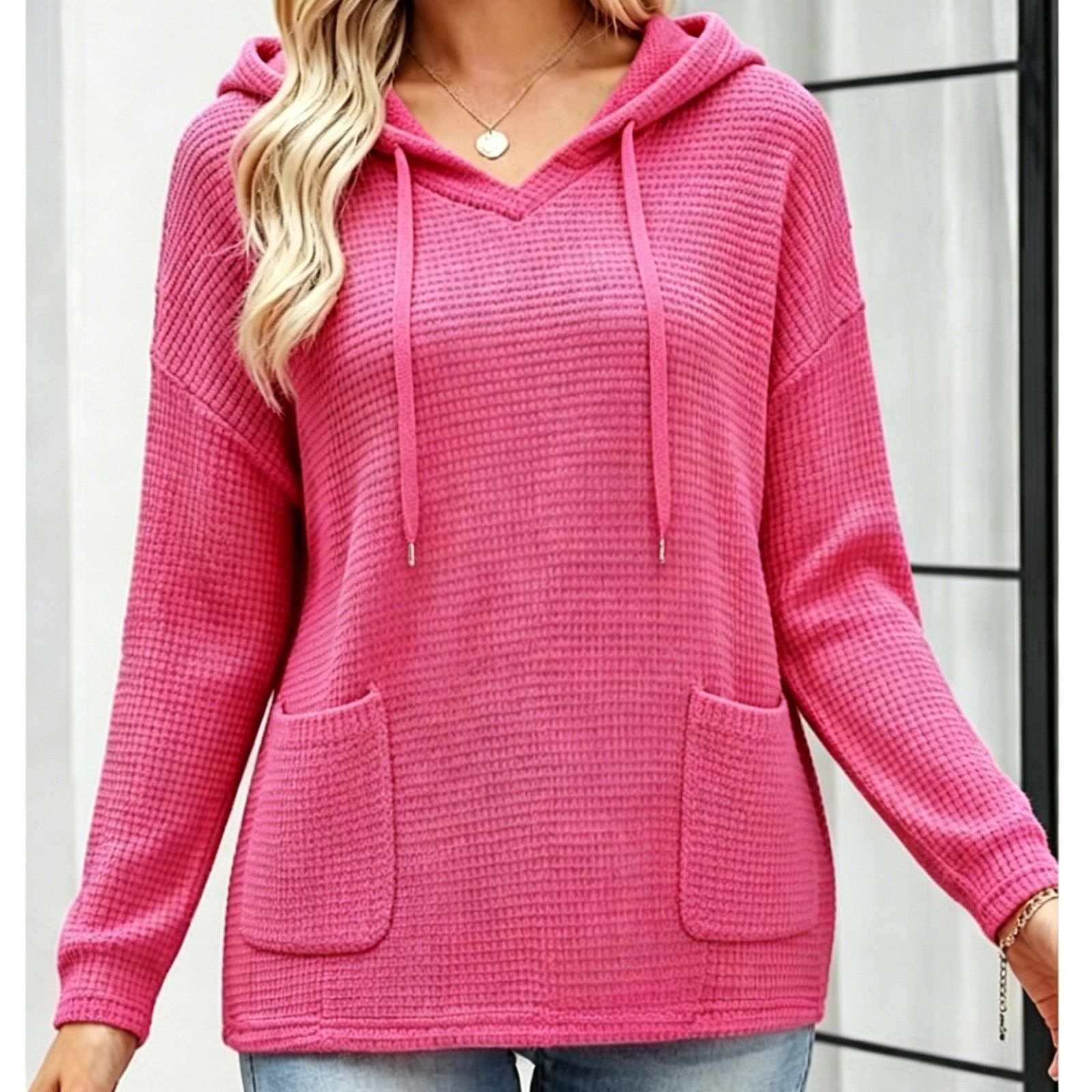 Women's Loose Hooded Knit Sweatshirt with Pockets