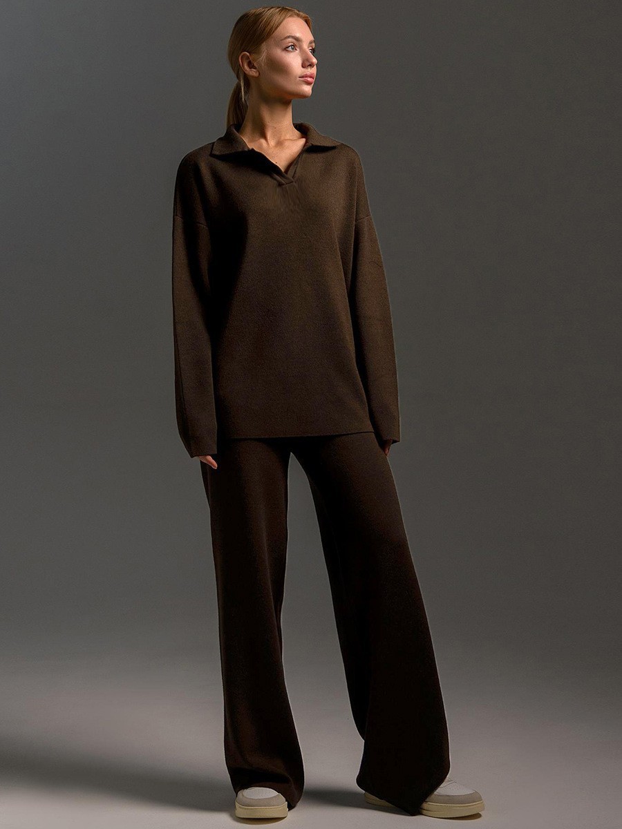 Polo Neck Pullover & Wide Leg Pants Two-Piece Set