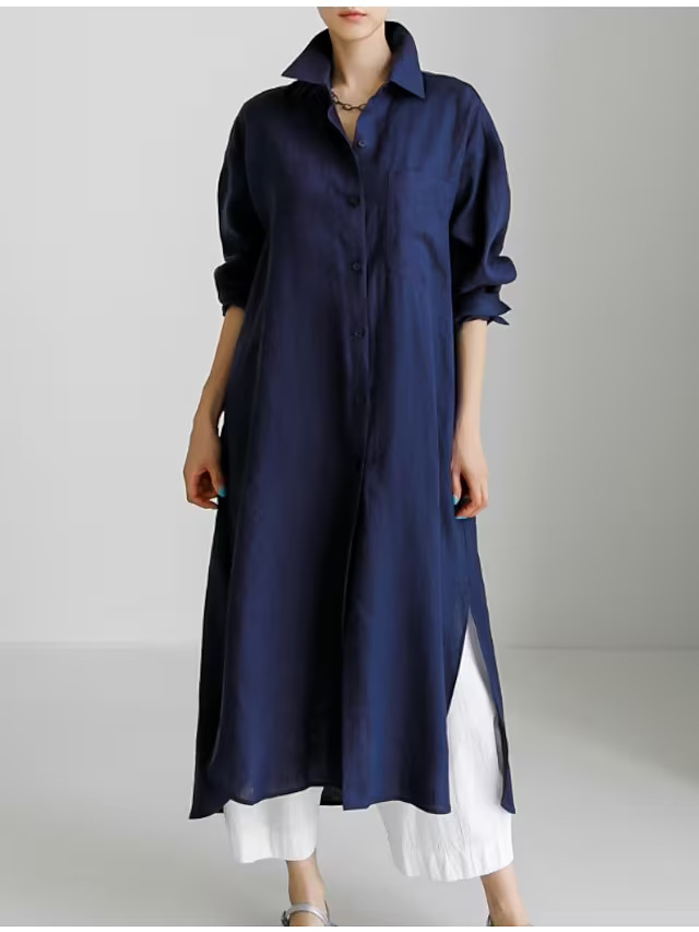 Cotton-Linen Button-Front Shirt Dress Long Asymmetrical Hem