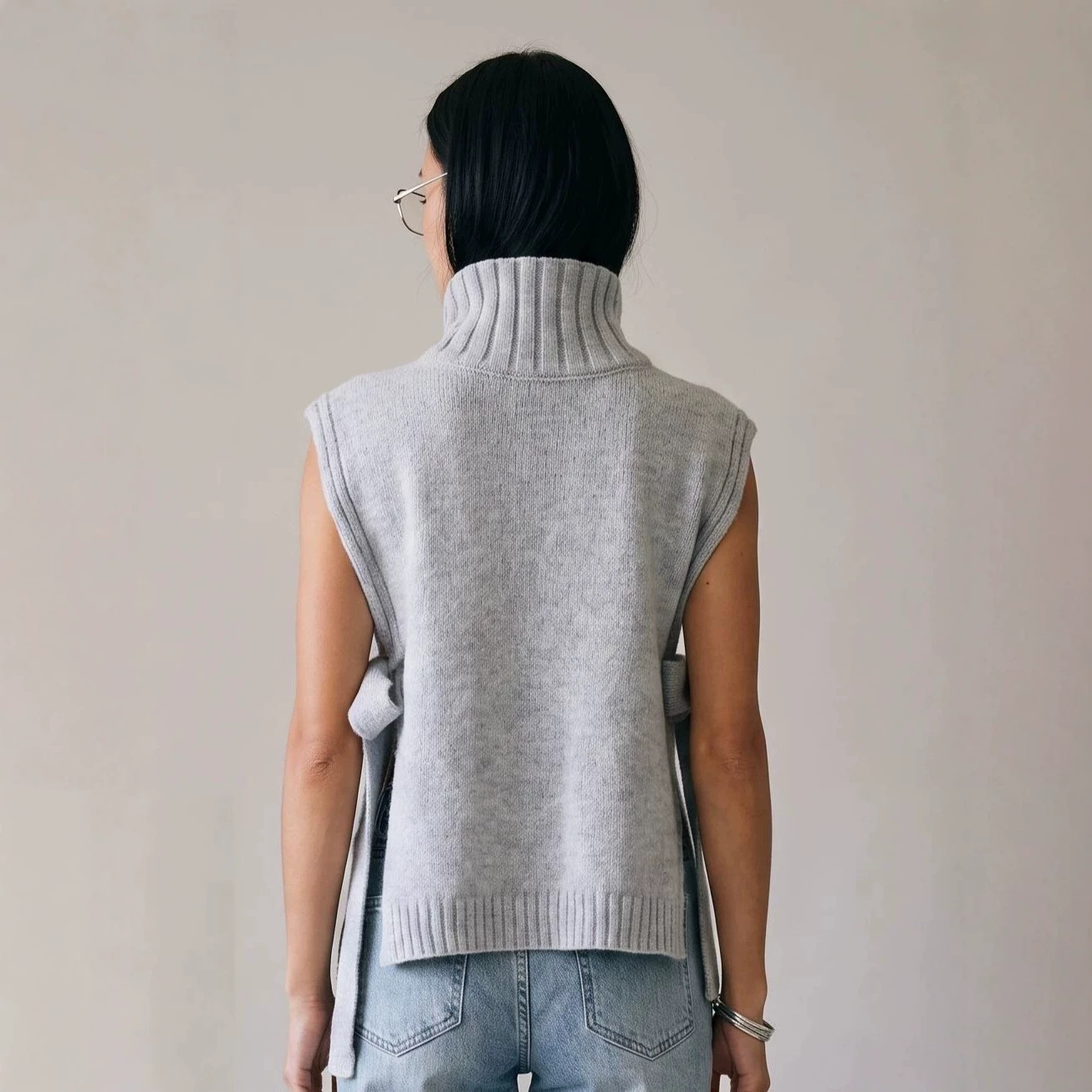 Tie-Waist High-Neck Sleeveless Knit Vest Top