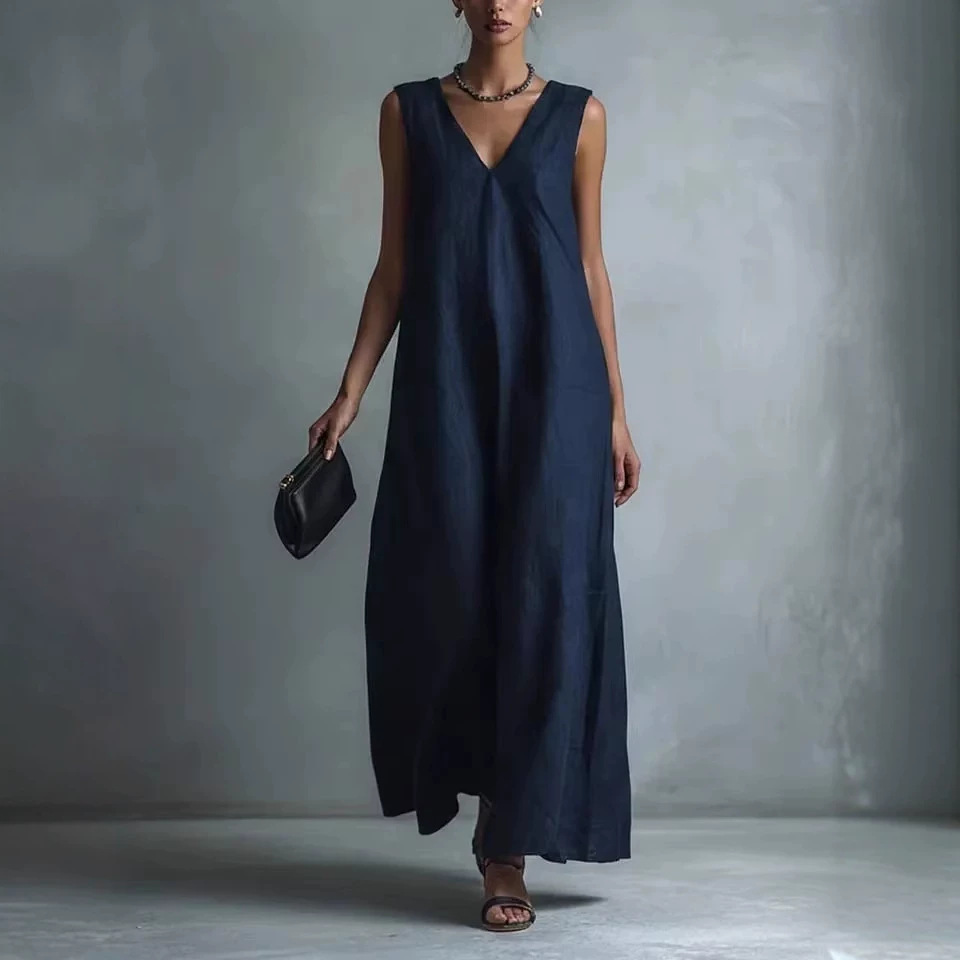 Women's V-Neck Sleeveless Cotton Linen Dress Casual A-Line Midi