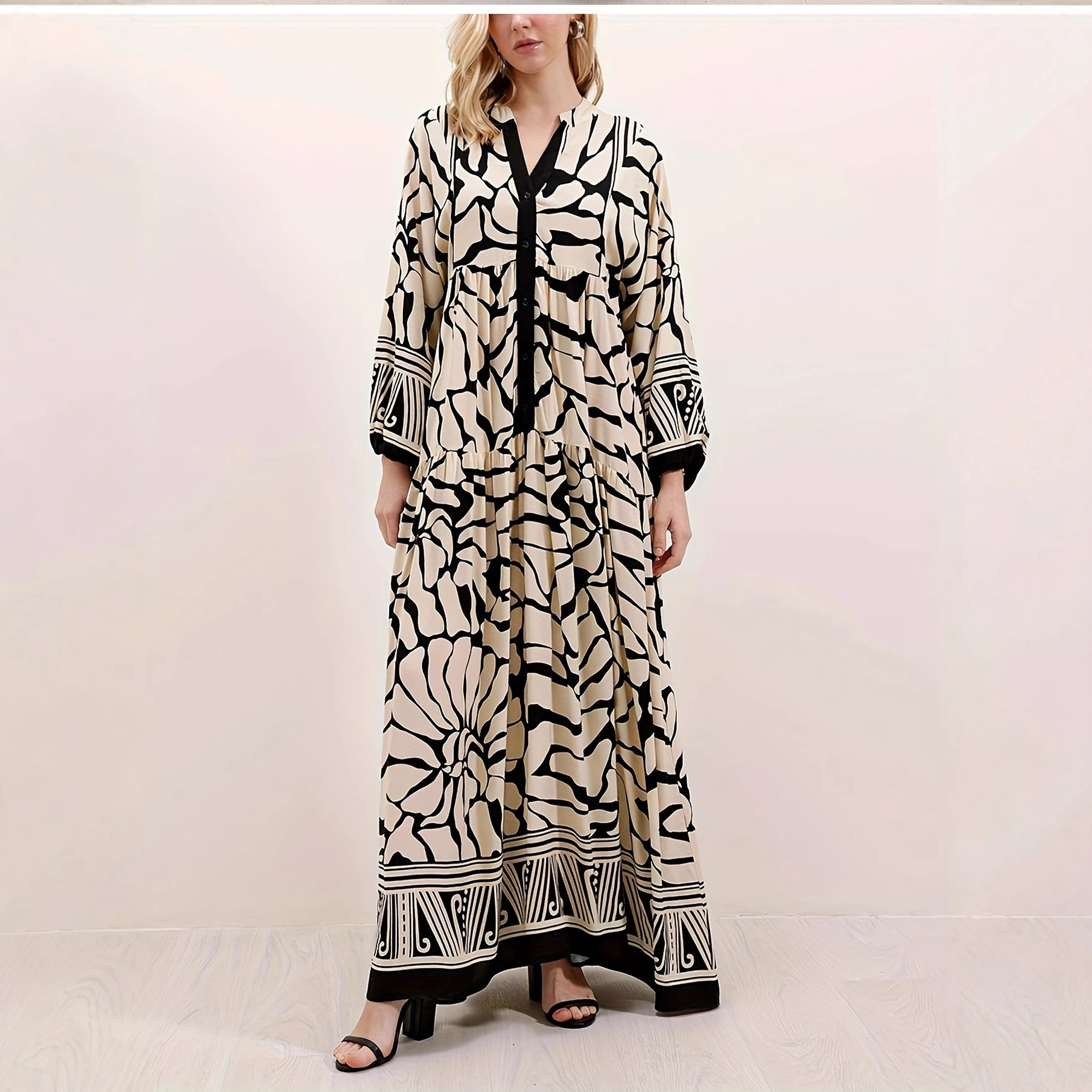 Women's Black Elegant Digital Print Long Sleeve Long Dress