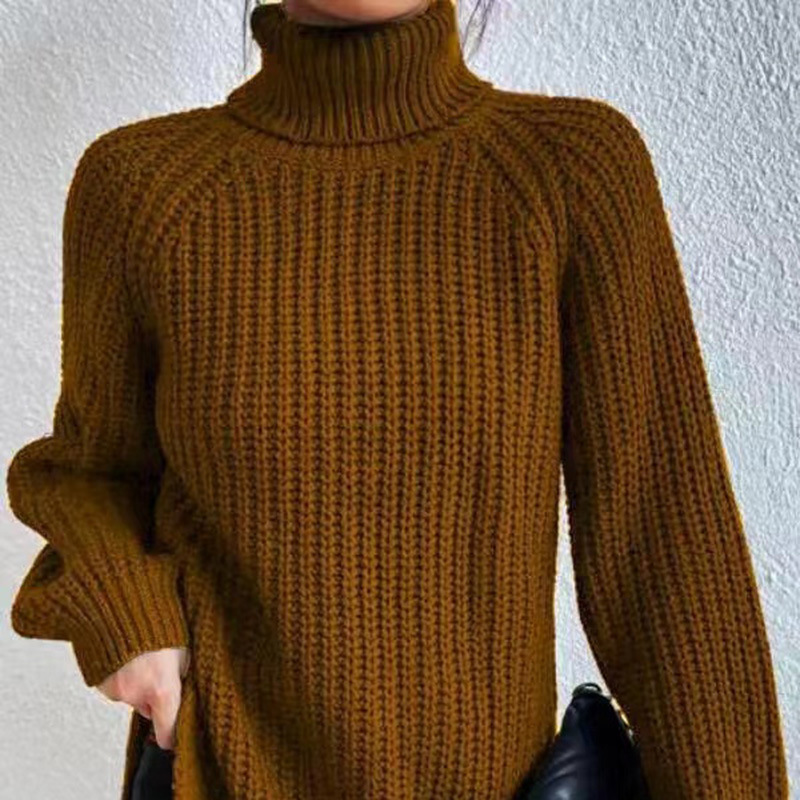 Women's High Neck Midi Knit Sweater with Raglan Sleeves and Side Slit