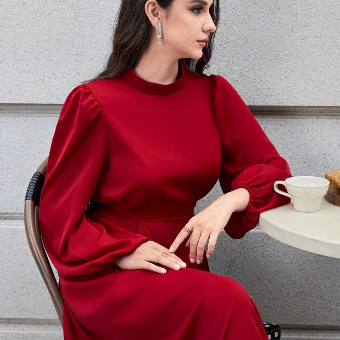 A-Line High-Waist Long-Sleeve Midi Dress with Collar