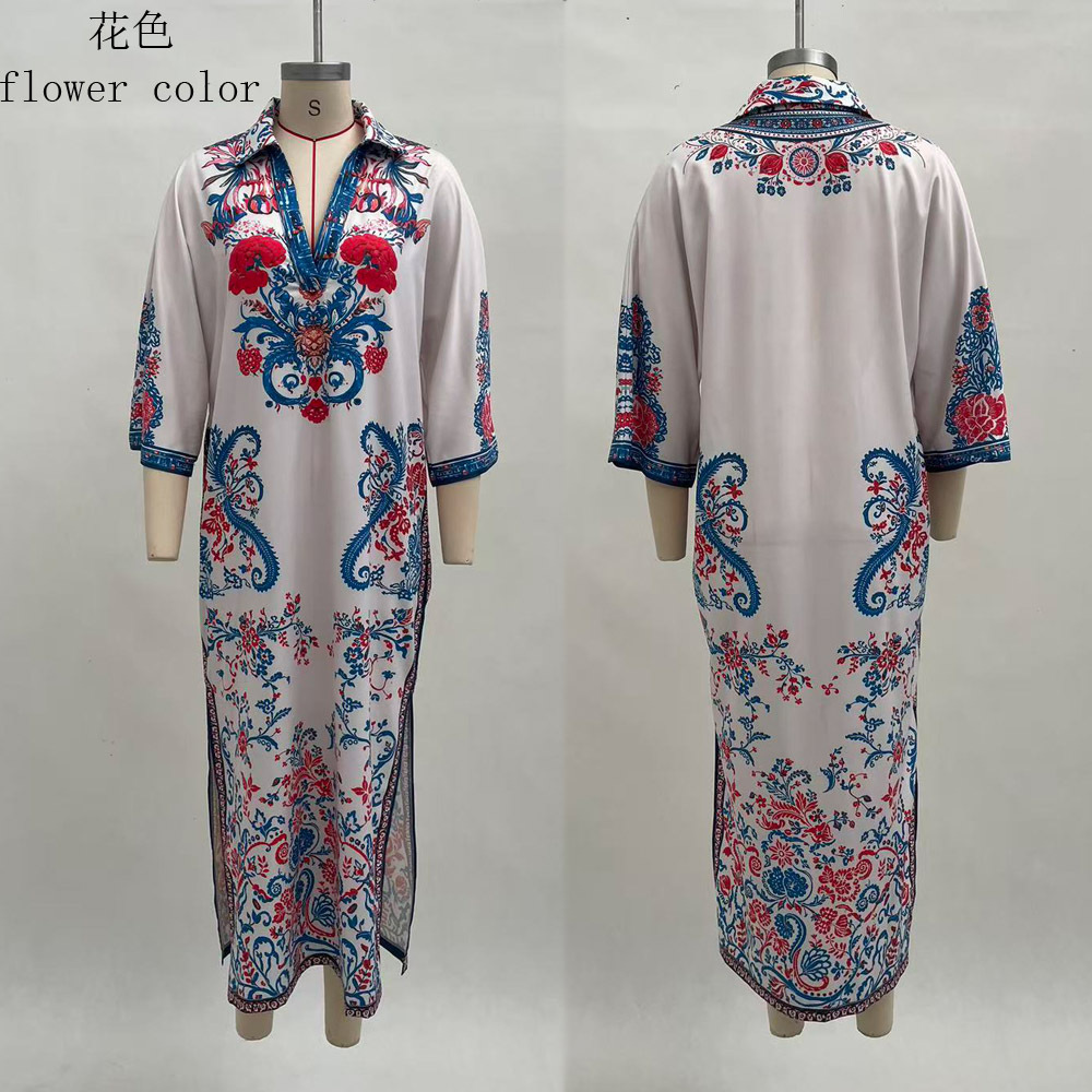 Printed V-Neck Kaftan Maxi Dress with Slit and Flared Skirt