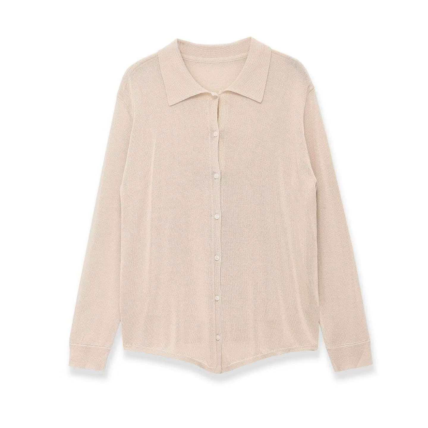 Women's Beige Long Sleeve Knit Cardigan Polo Collar Simple Commuter Style