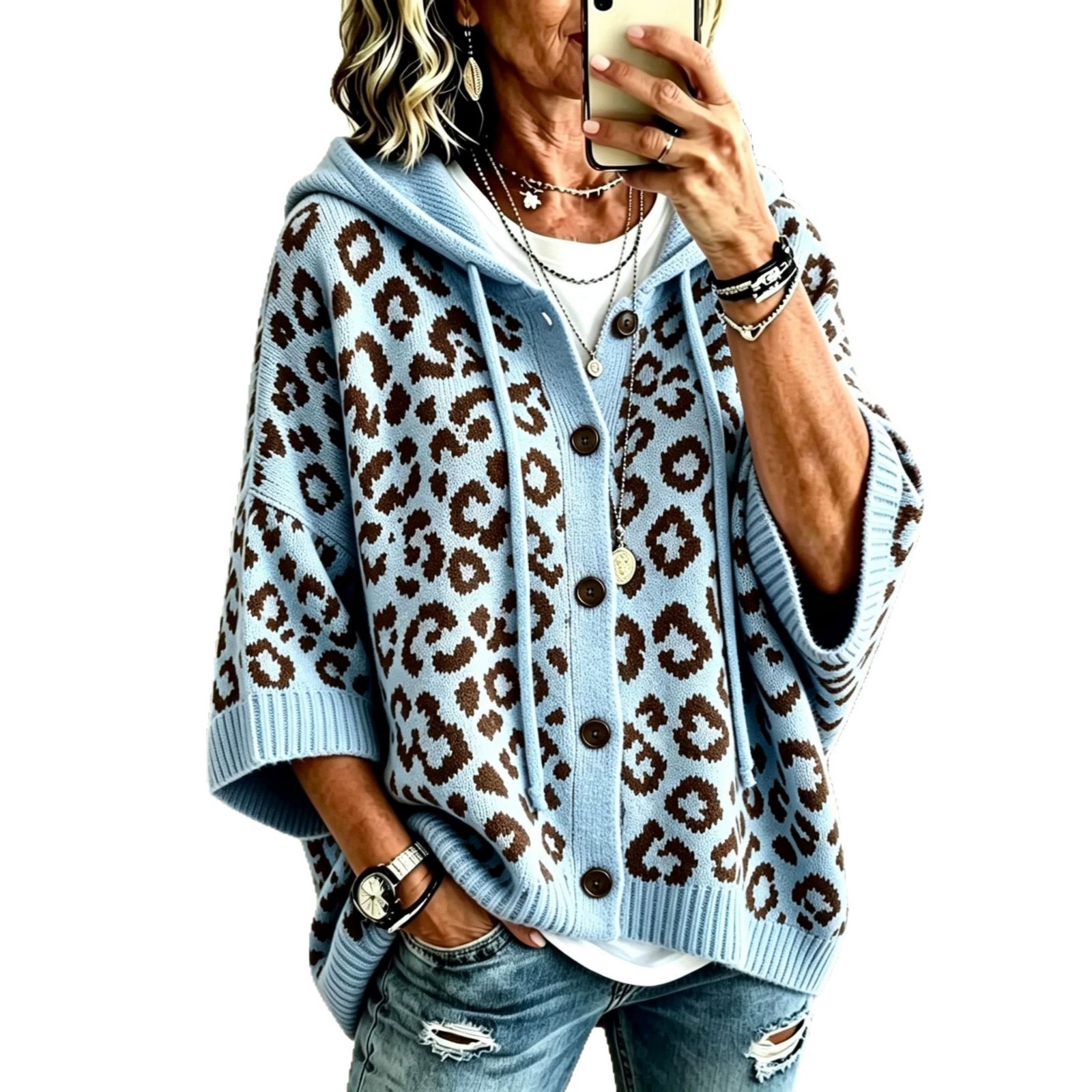Leopard Print Button-Up Hooded Knit Cardigan Sweater