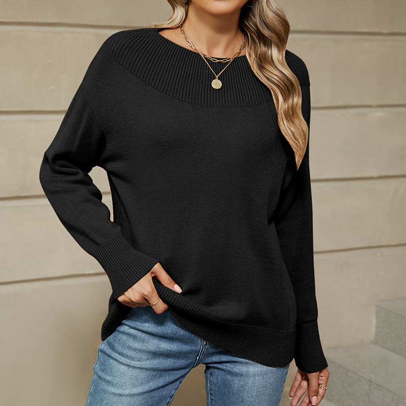 Women's Off-Shoulder Pullover Sweater Solid Color Long Sleeve Knit Top