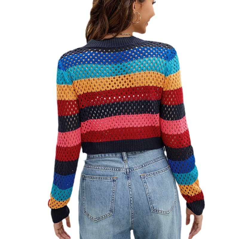Colorful Striped Tie-Front Cropped Open-Knit Cardigan
