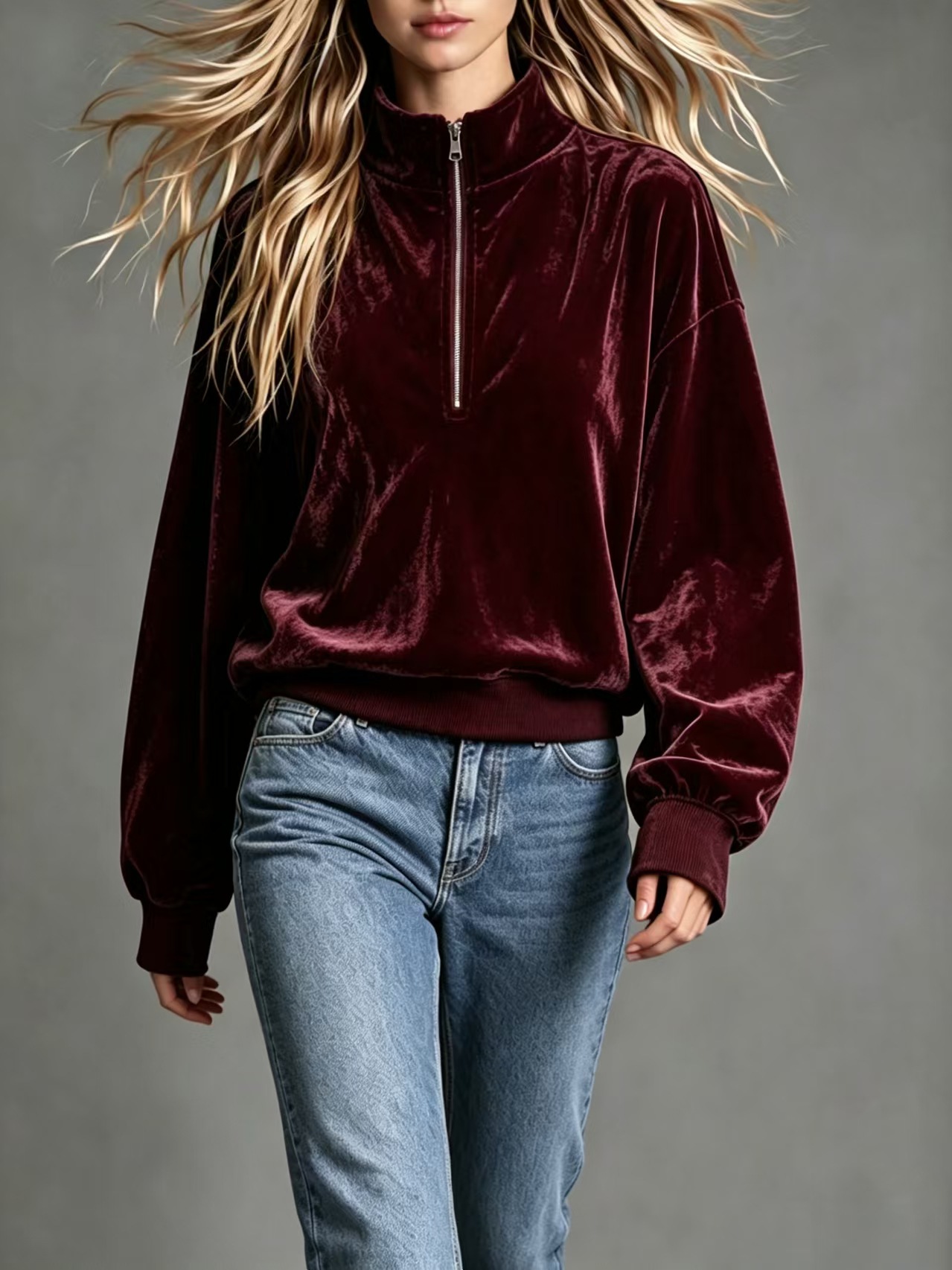 Women's Velvet Zip-Up Stand Collar Loose Long Sleeve Solid Color Casual Sweatshirt