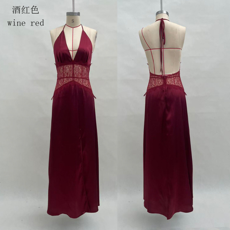 Women's Deep V Lace Sheer Backless Maxi Dress