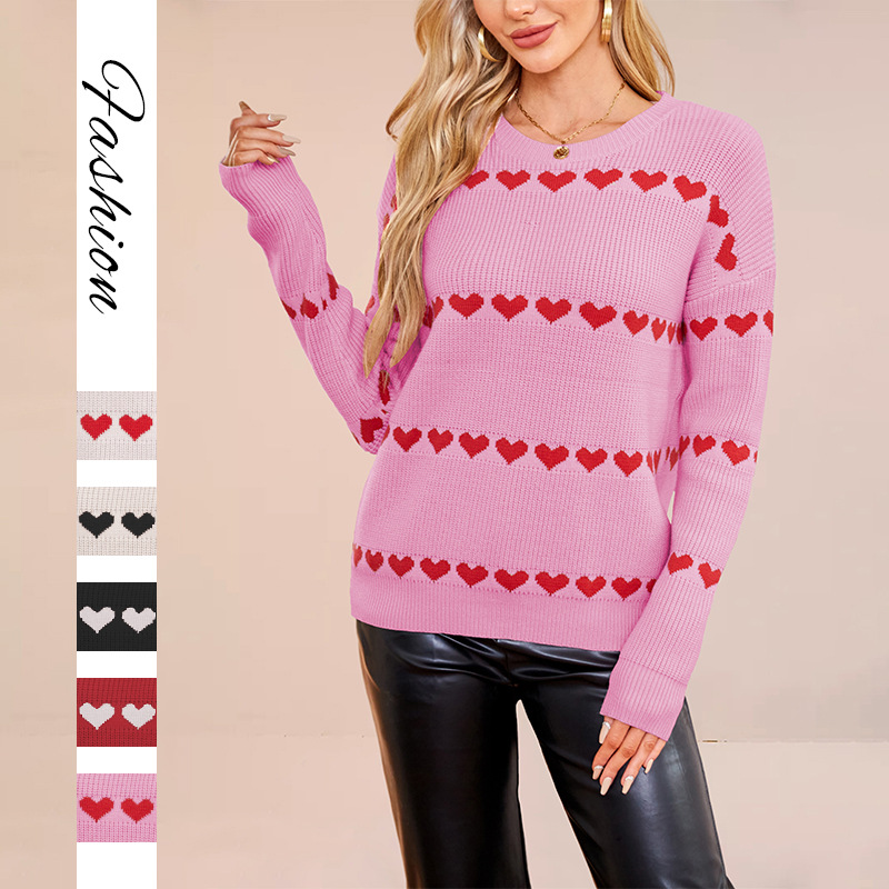 Heart Print Pullover Knit Sweater Oversized Crew Neck Long Sleeve