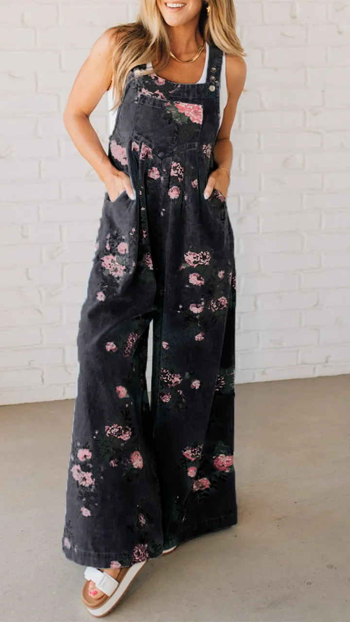 Floral Print Denim Sleeveless Jumpsuit with Pockets