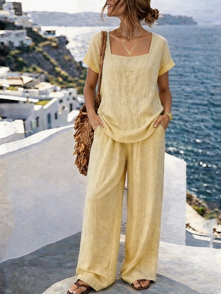 Women's Square Neck Short Sleeve Top and Pants Washed Cotton Set
