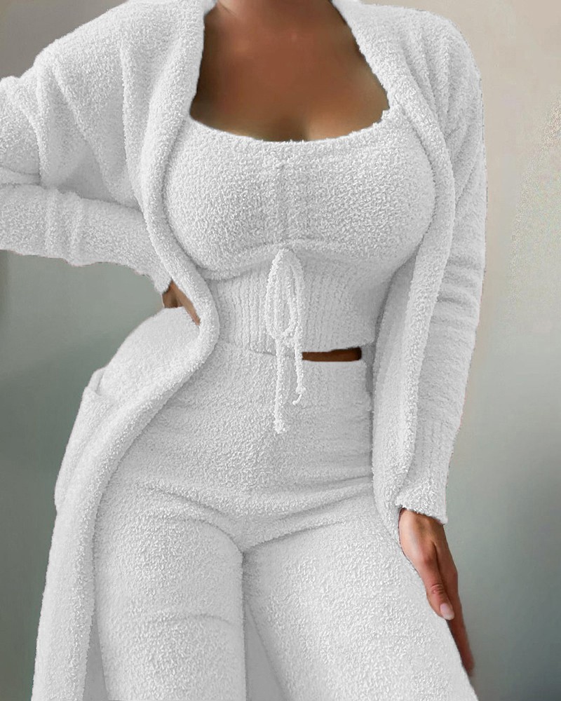 Women's Plush 3-Piece Tie Lounge Set with Pockets