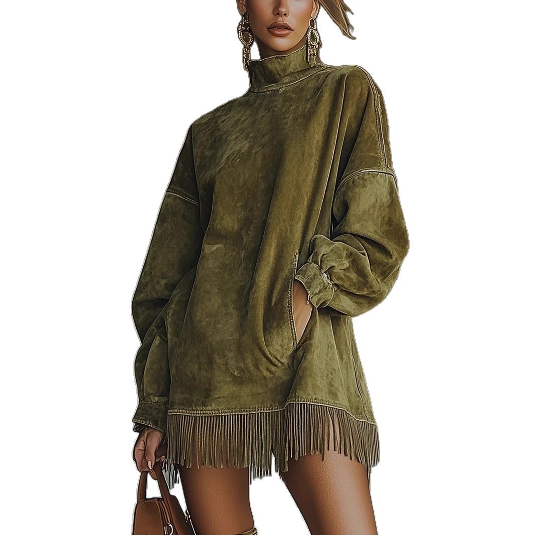 High Neck Faux Suede Fringe Long Sleeve Dress with Pockets