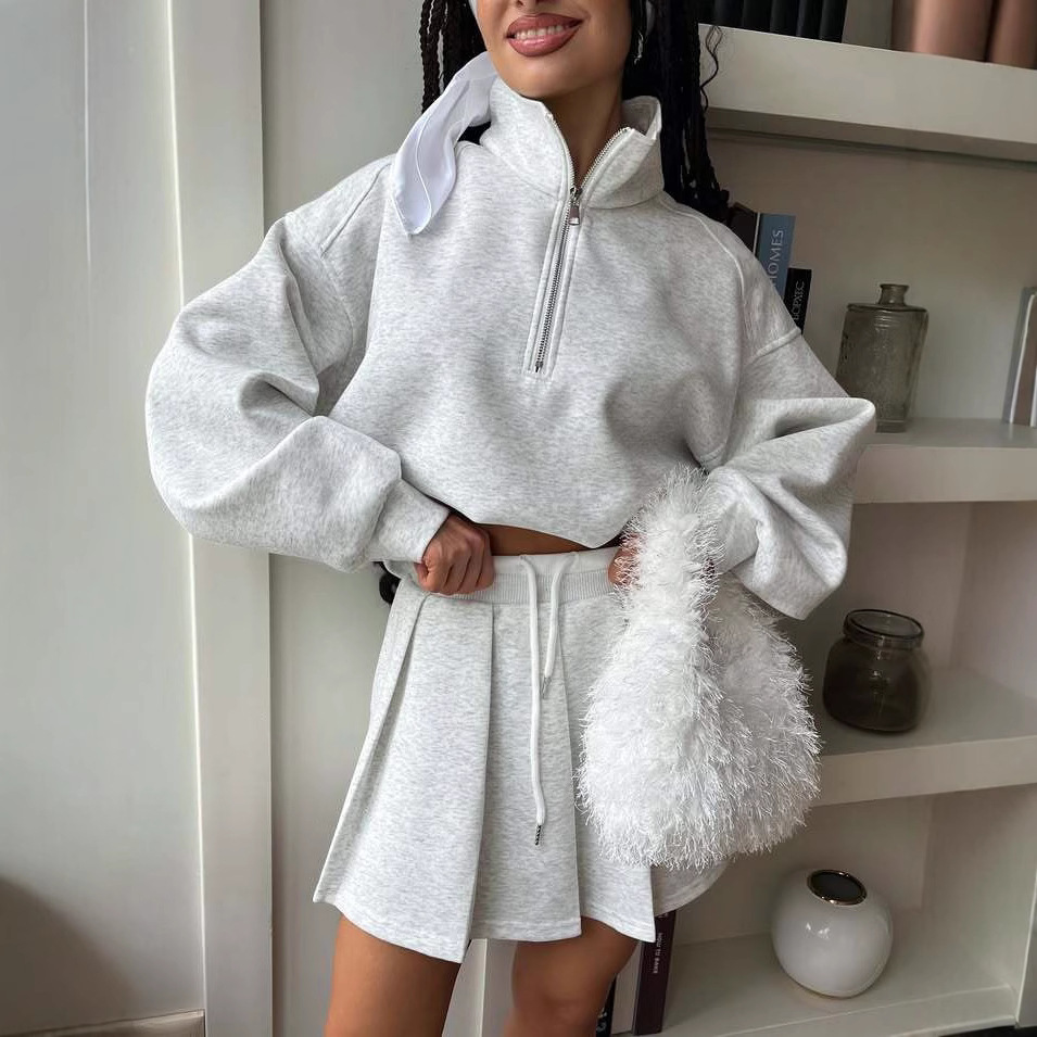 Women's Zip-Up Cardigan and Drawstring Mini Skirt Two-Piece Set