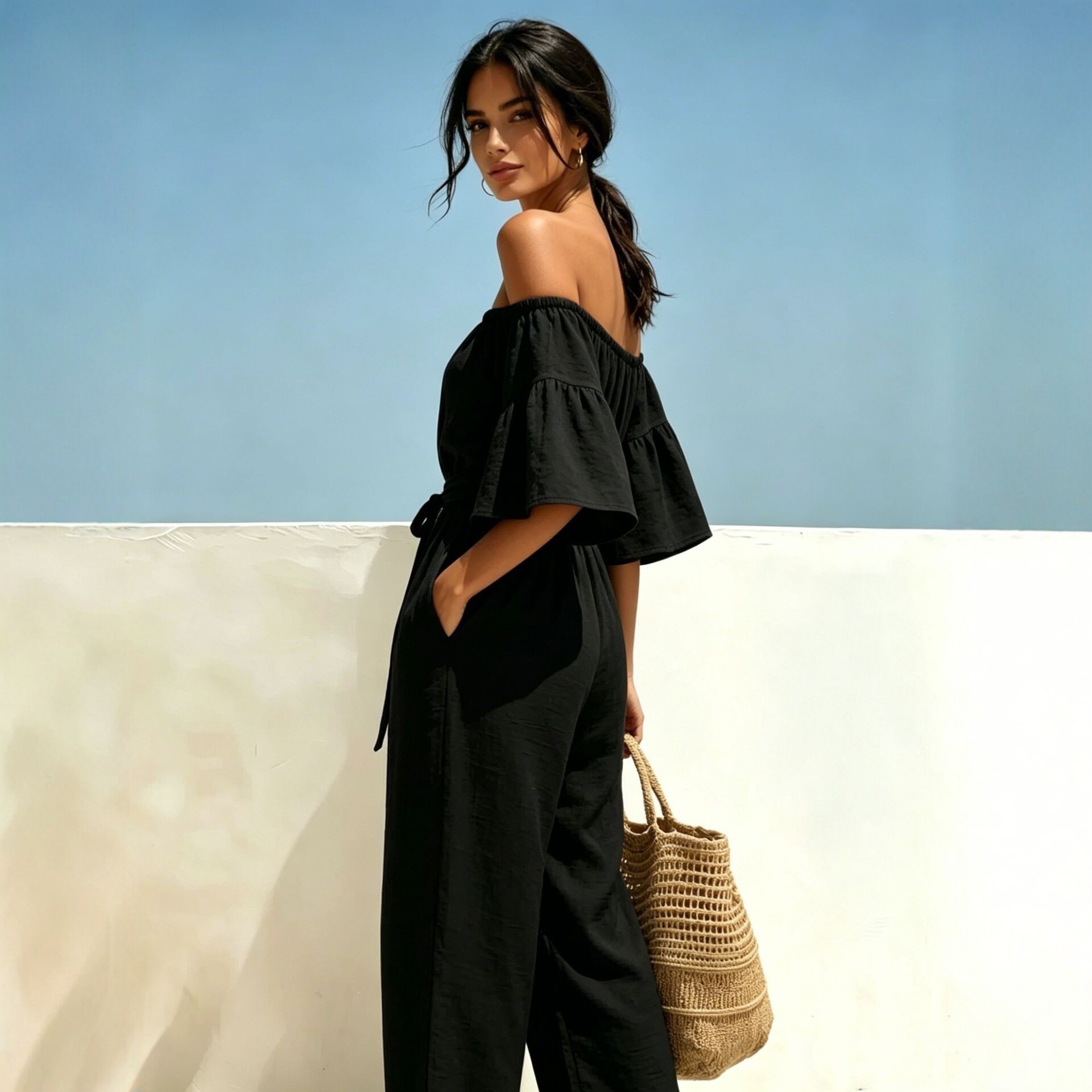 Women's Off-Shoulder Ruffle Wide-Leg Jumpsuit with Tie Belt