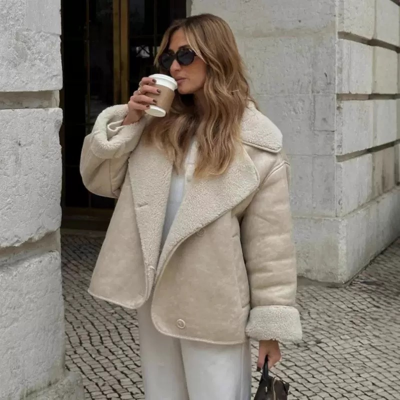 Faux Fur & Leather Baseball Jacket with Lapel Collar