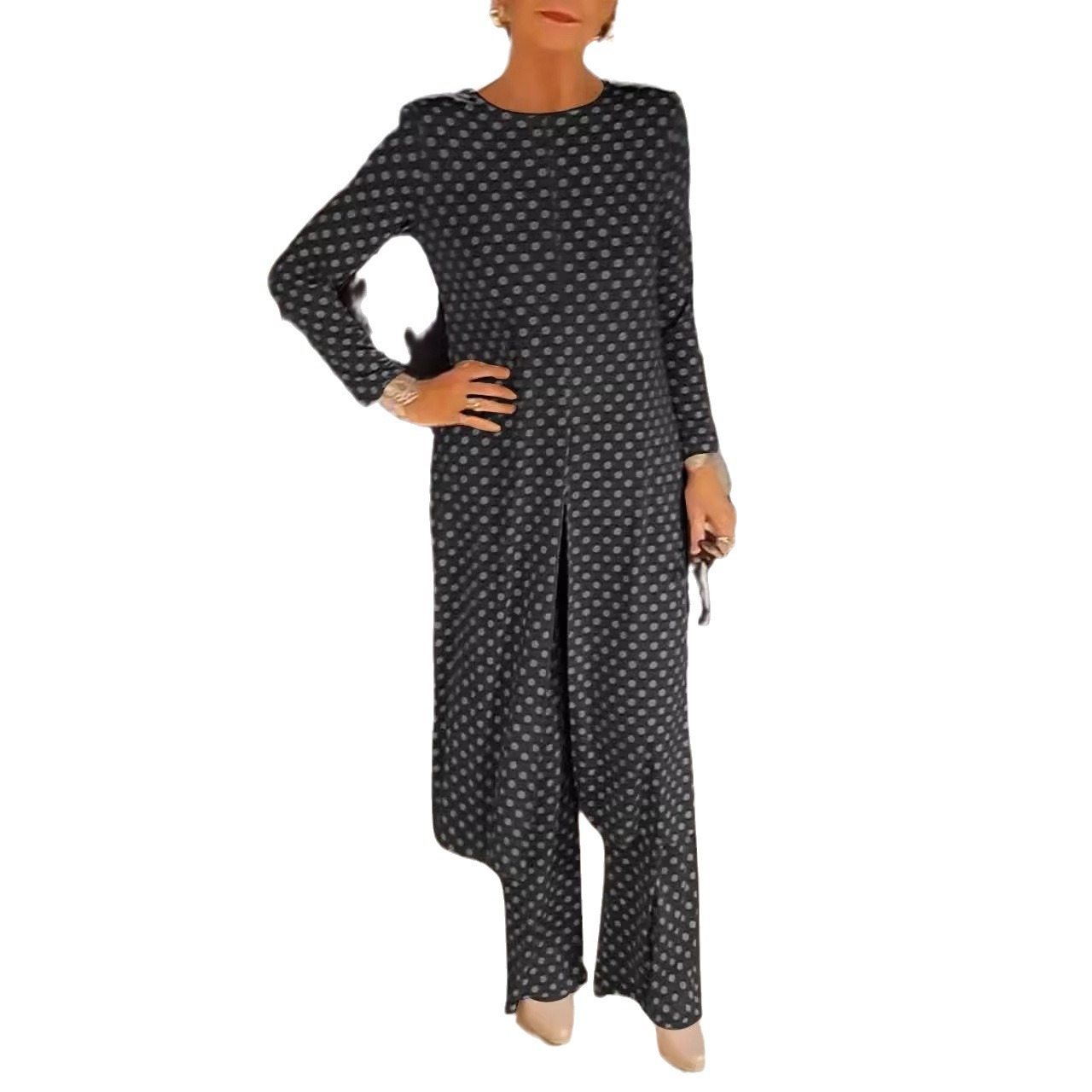Polka Dot Round Neck Slim Fit Slit Long Top & Pants Set