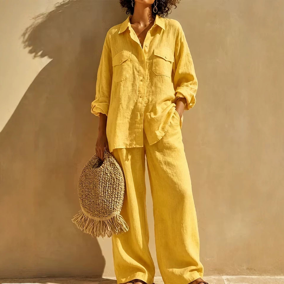 Women's Solid Linen-Blend Long-Sleeve Button-Down Shirt and Wide-Leg Pants Set with Pockets