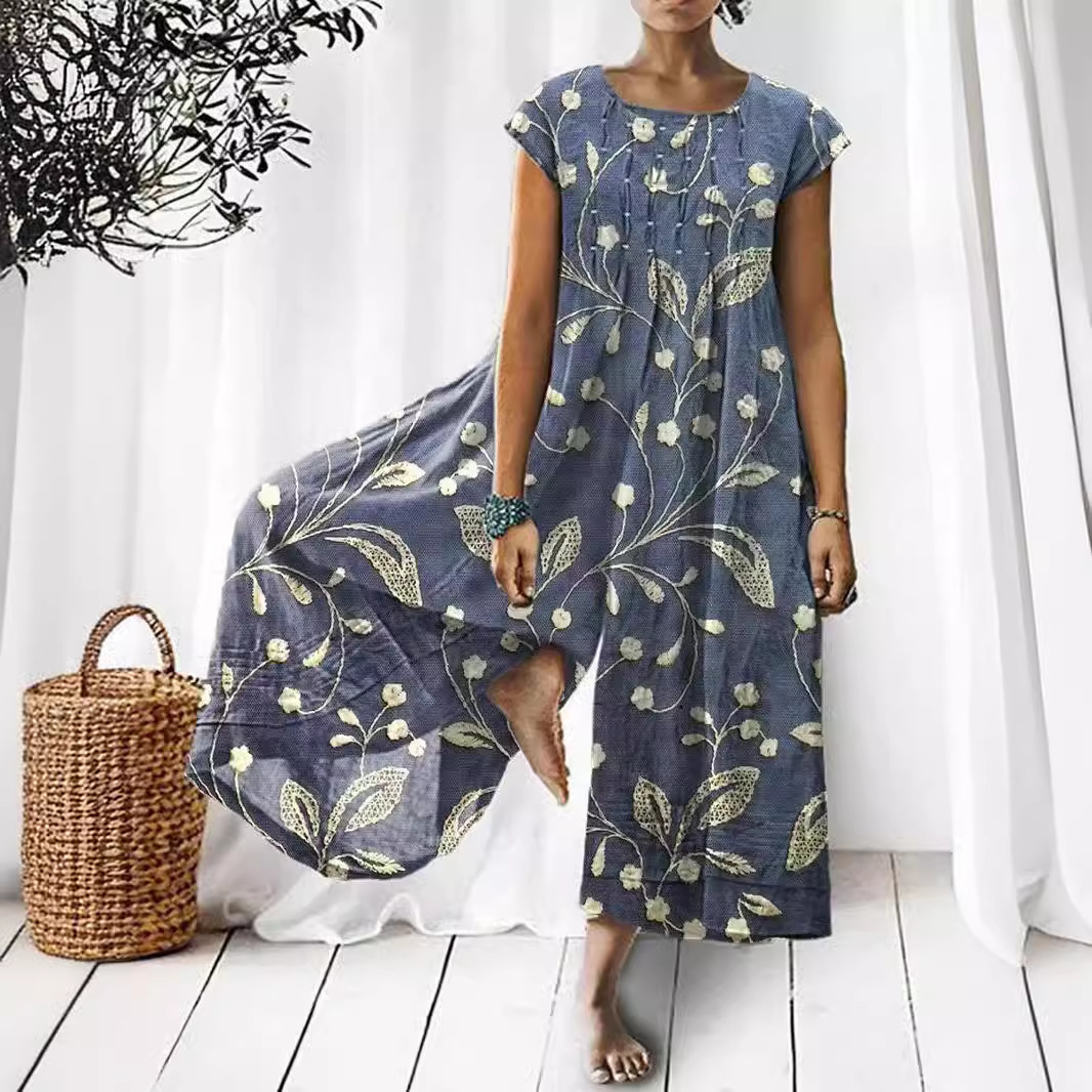 Women's V-Neck Smocked Wide-Leg Jumpsuit with Digital Print