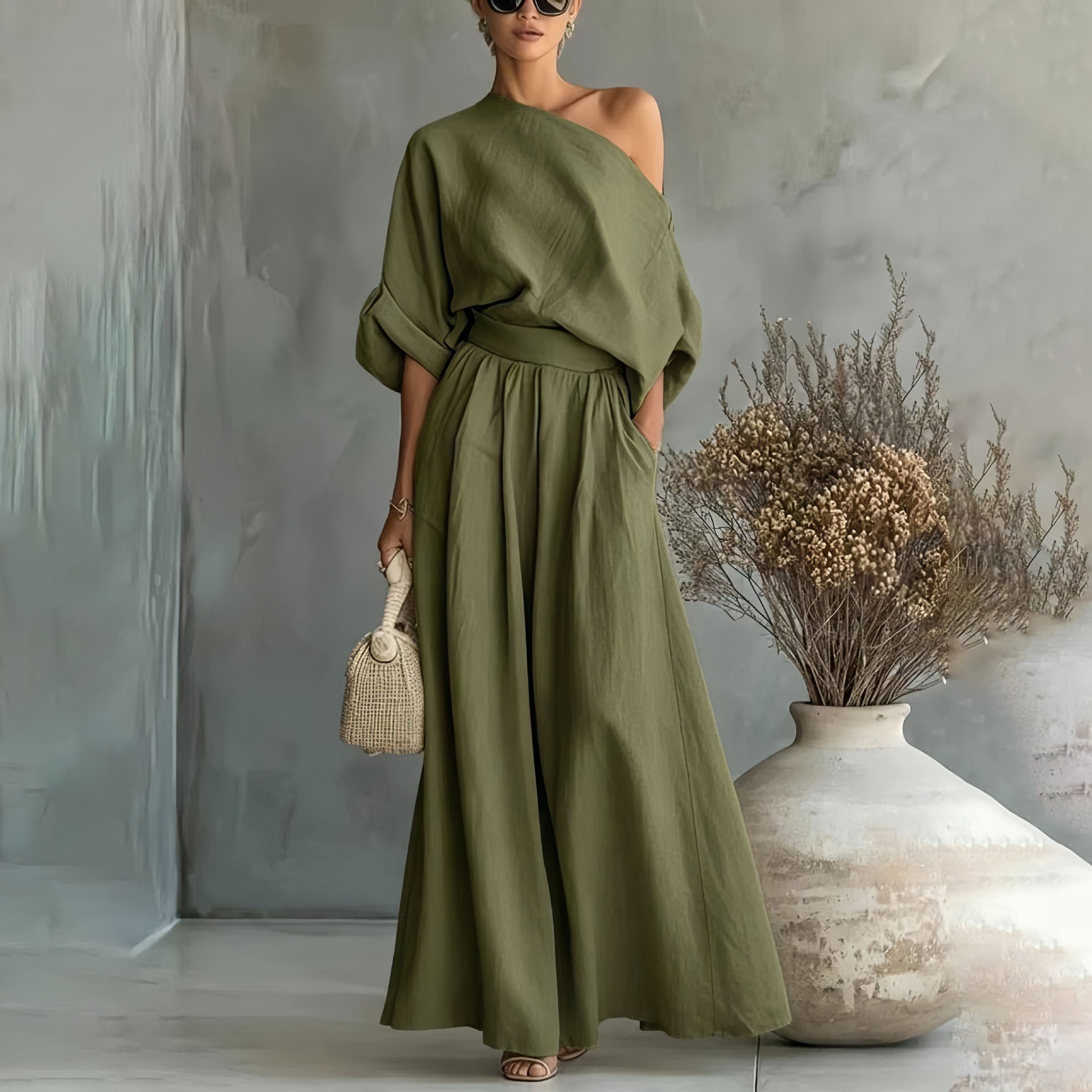 Women's Off-Shoulder Two-Piece Set Solid Color Pocket Wide-Leg Pants Casual Loose Fit