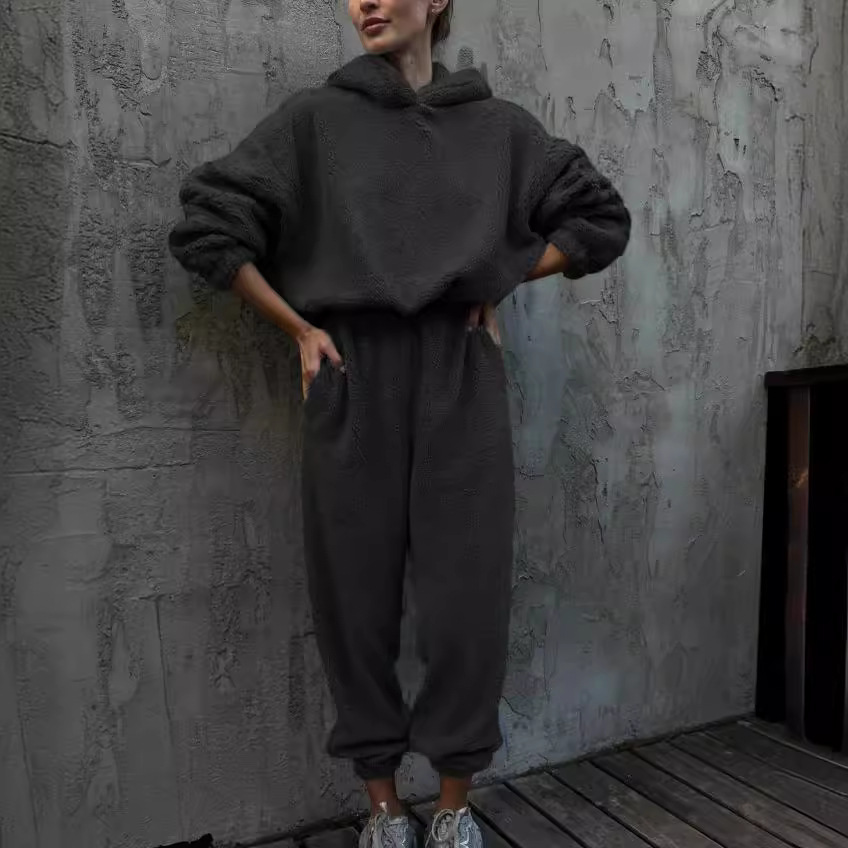 Fleece Solid Color Crewneck Long Sleeve Two-Piece Pant Set for Women